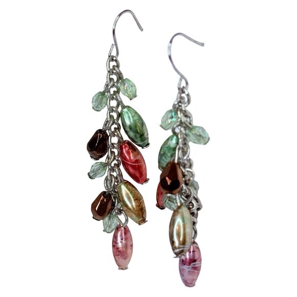 Multi-Colored Art Glass Beaded Cluster Dangle Earrings 2" Silver Tone Boho - Picture 3 of 9
